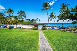 A pathway leading to a beach with palm trees and lounge chairs. - Spacious Townhome - Stunning Golf Course Views - Pool & Fitness- Vrkcv (Kamuela)