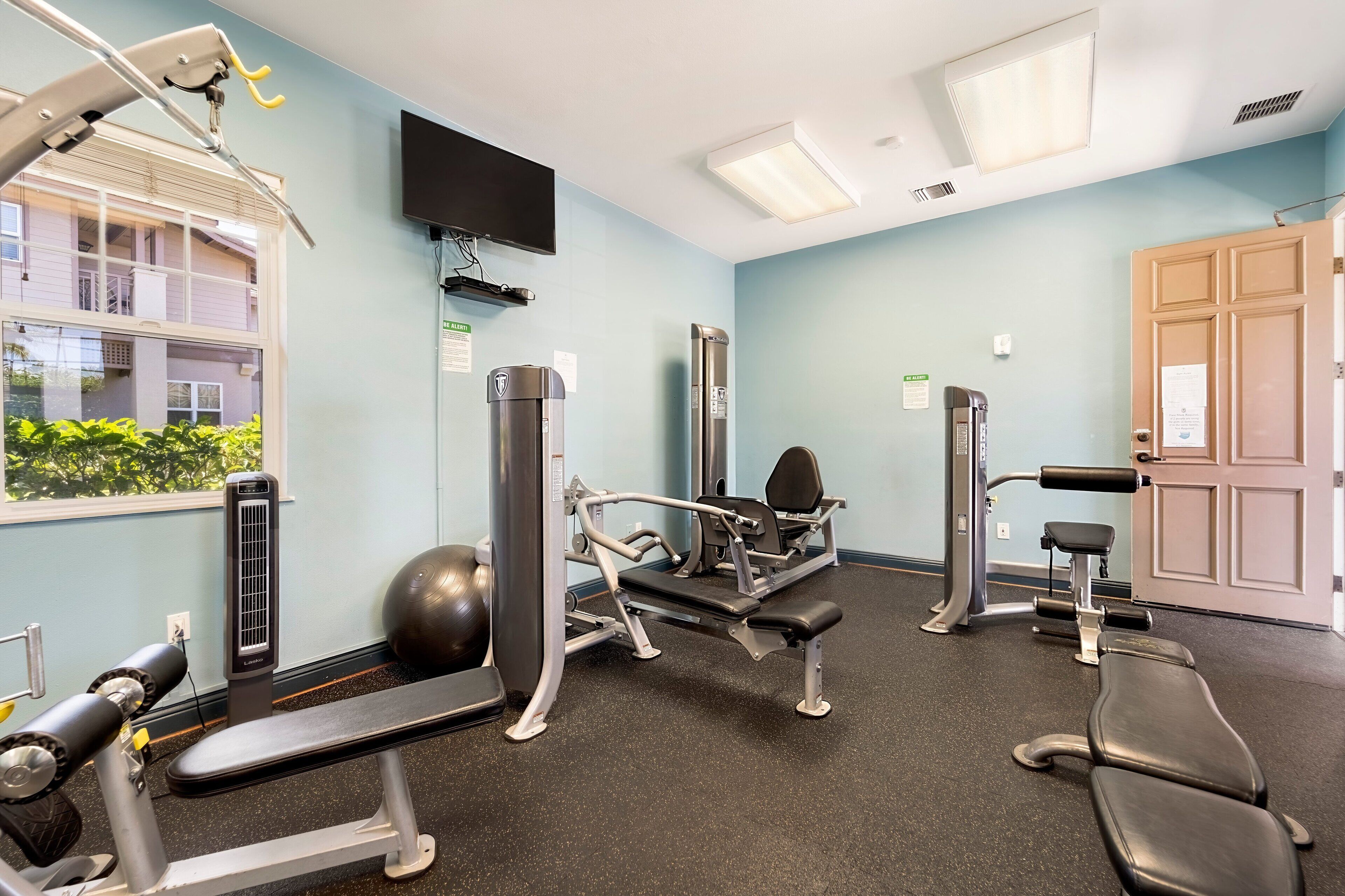 Ein Fitnessraum mit Trainingsgeräten, einem Fernseher und einem Fenster mit Blick auf Grünflächen.