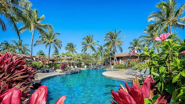 Une piscine de villégiature entourée de palmiers et de plantes tropicales.