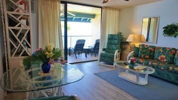 Condo, 1 King Bed with Sofa bed, Lanai, Ocean View (Kona Reef D37) | Living area | 42-inch flat-screen TV with digital channels