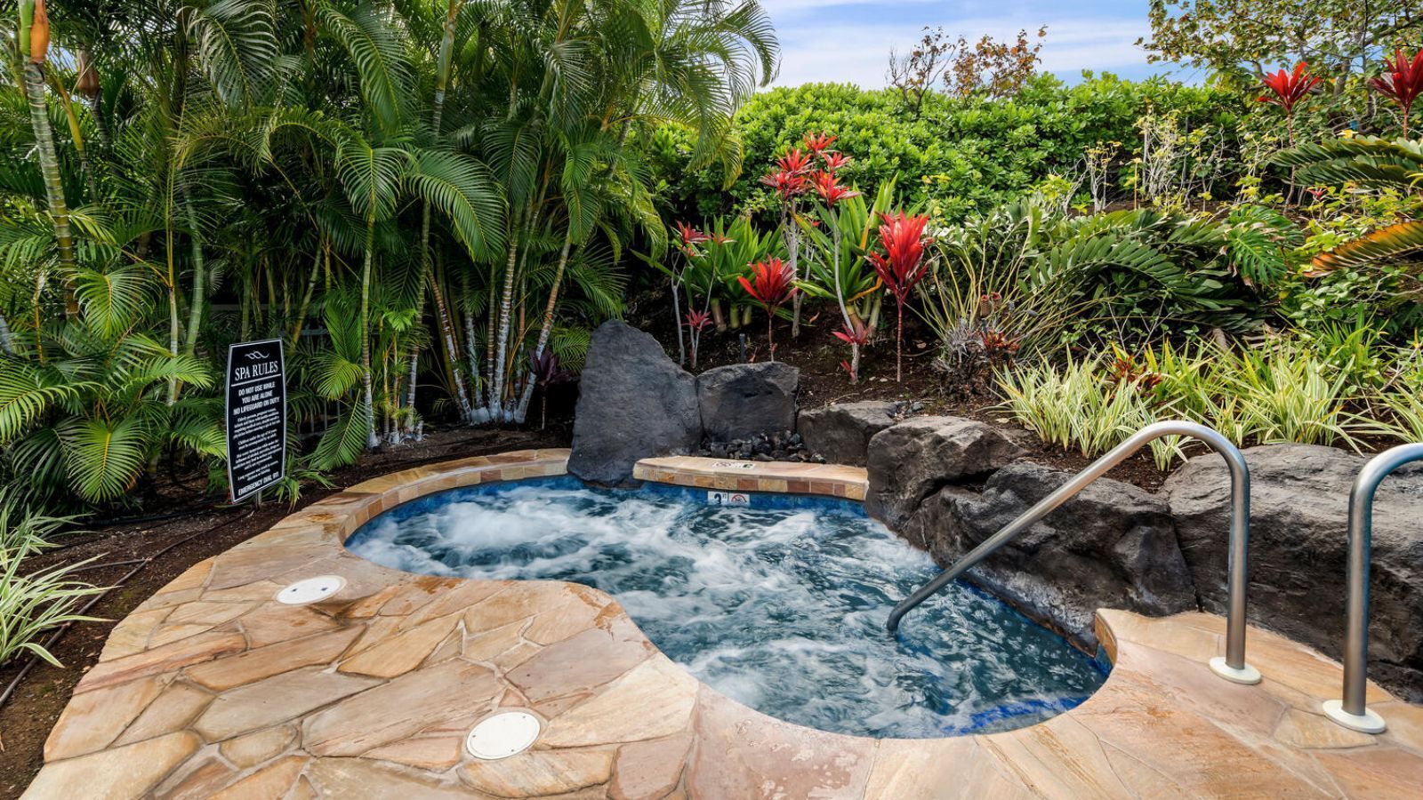 A hot tub surrounded by tropical plants and rocks.