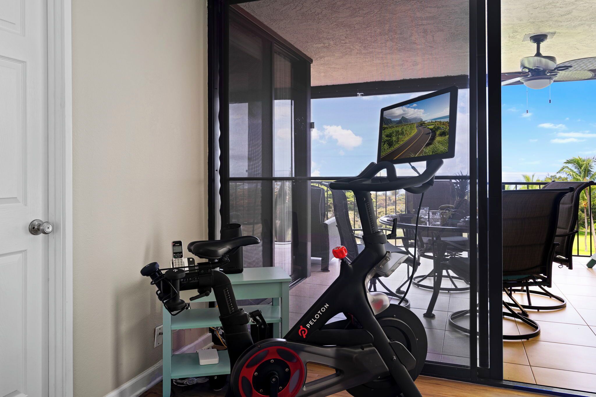 A room with a stationary bike, a treadmill, and a TV screen displaying a scenic view.