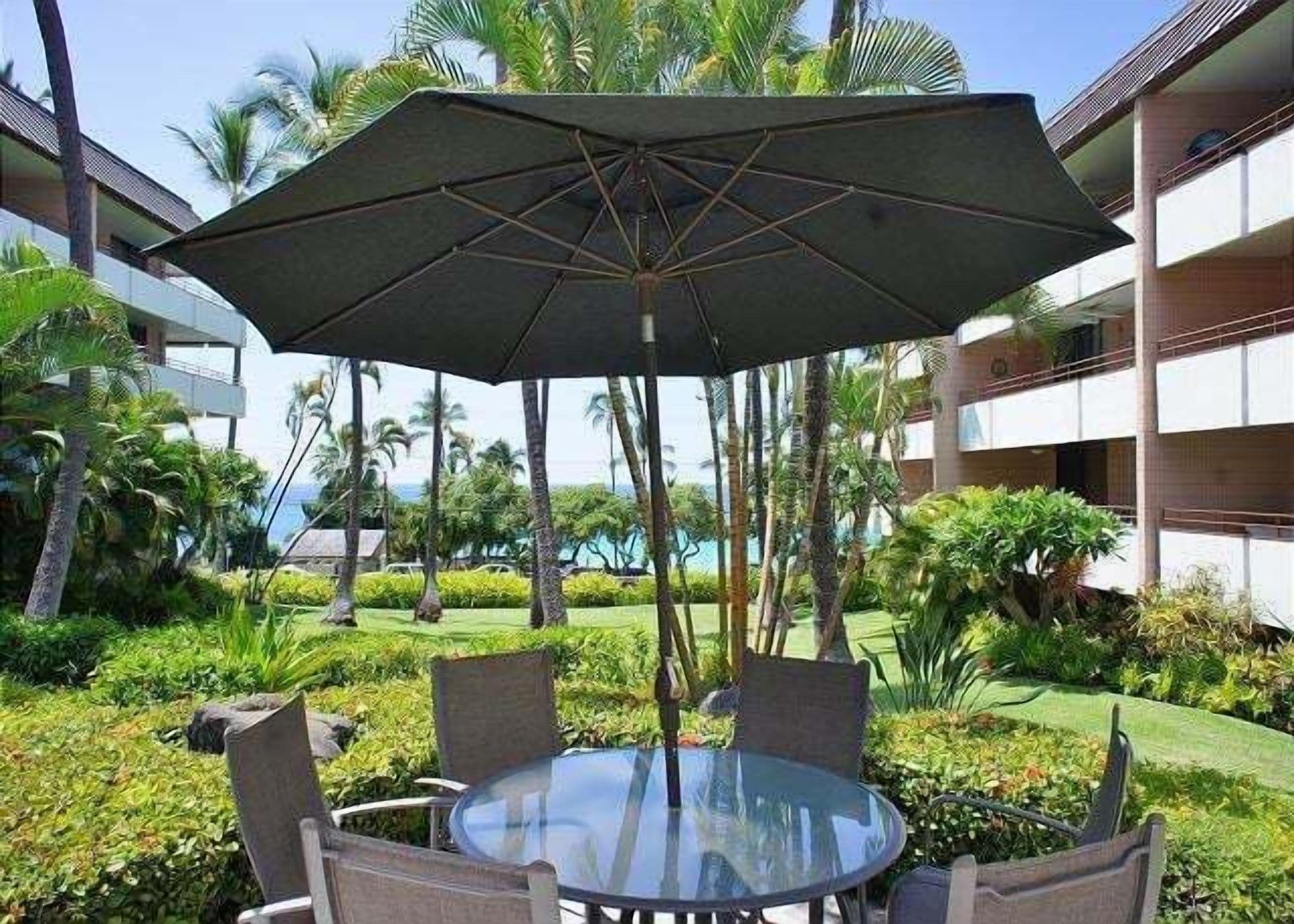 Mesa de vidrio con sillas y un gran paraguas en un entorno exterior exuberante, con palmeras y vista a un edificio.