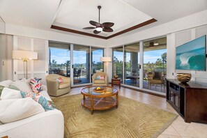 Condo, Multiple Beds, Kitchen, Ocean View (Vista Waikoloa A303) | Living area | 52-inch flat-screen TV with cable channels