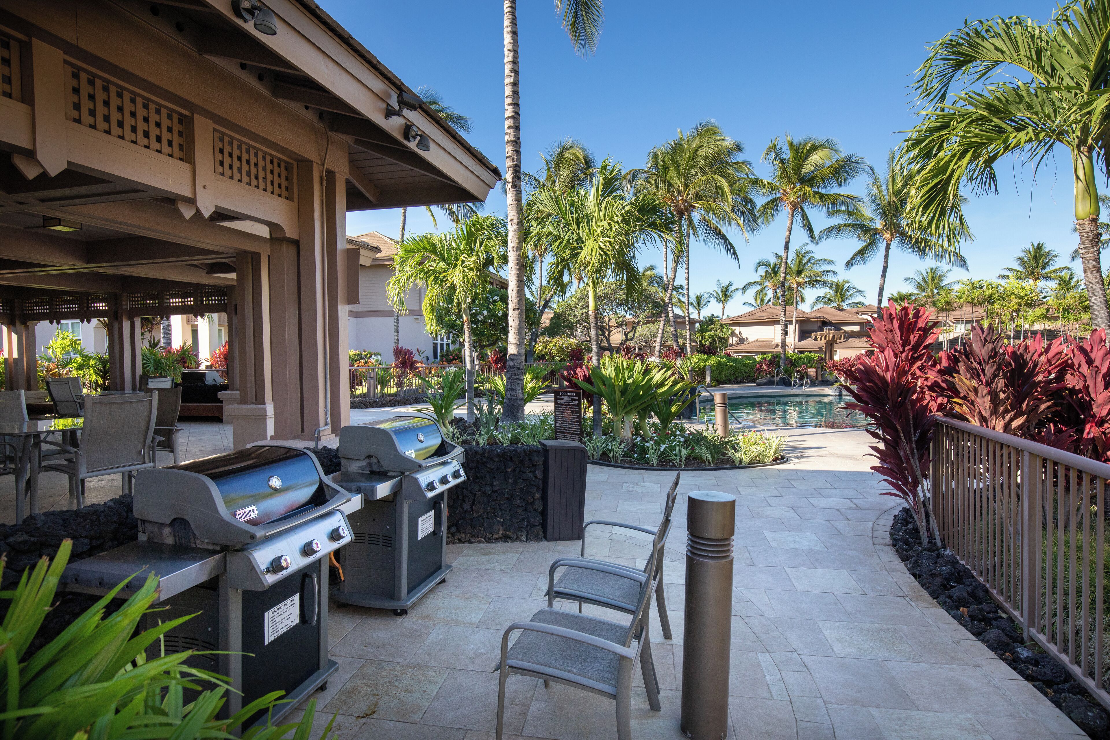 Une terrasse extérieure équipée d’un barbecue, de chaises et d’un espace piscine, le tout entouré de palmiers et de plantes tropicales.