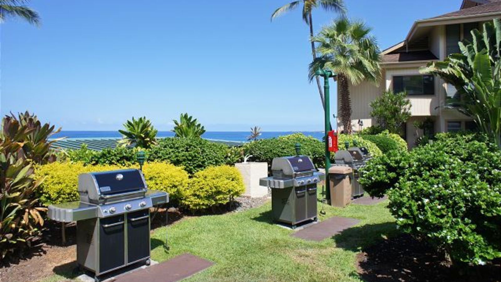 An outdoor area with two barbecue grills, a pathway, and a view of the ocean.