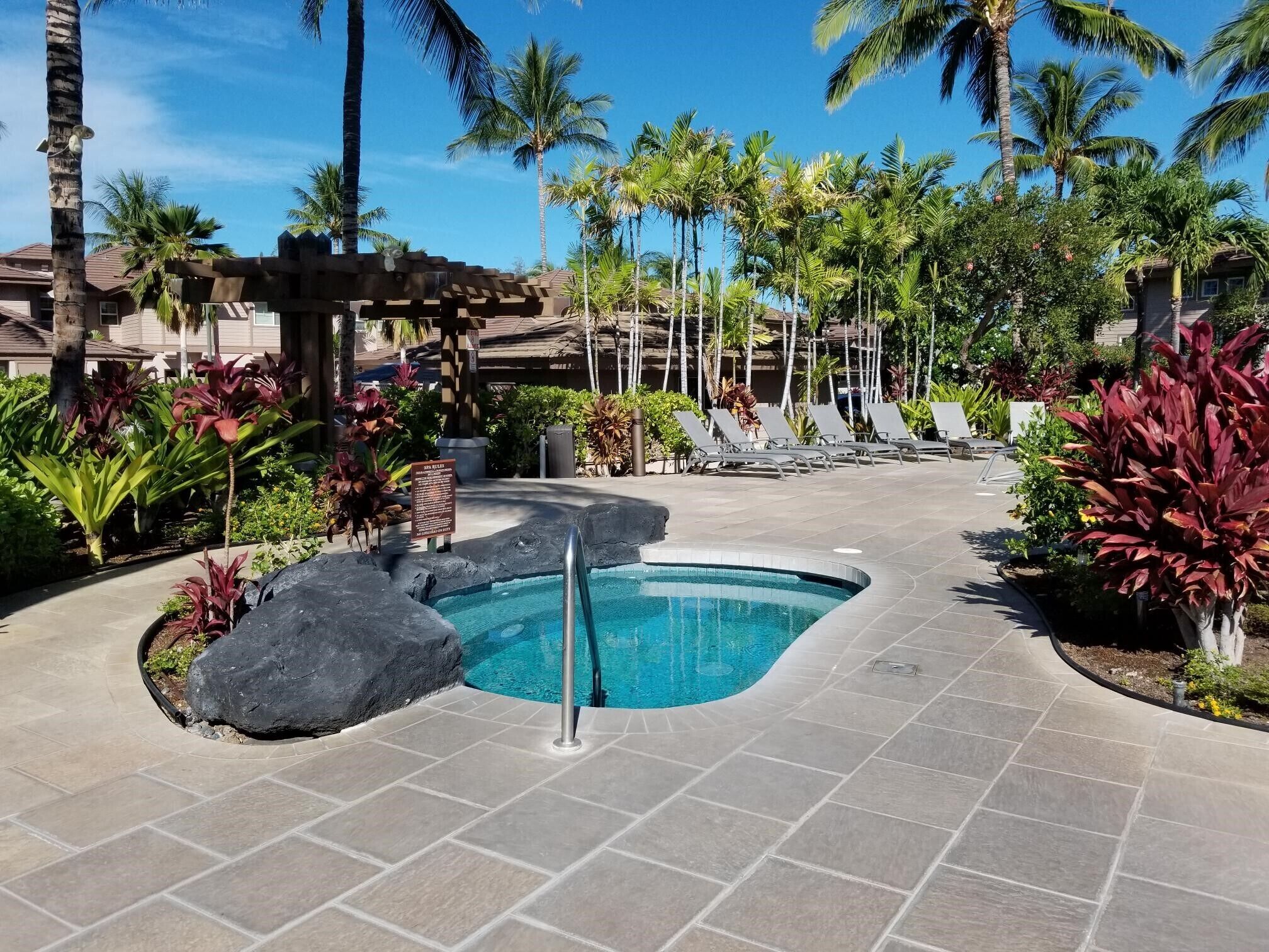 A pool area with lounge chairs, palm trees, and a stone pathway.