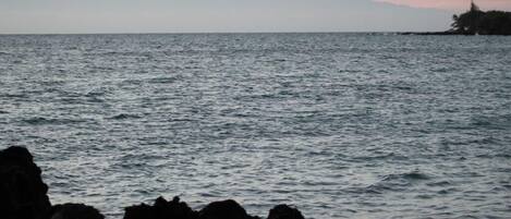 A coastal view with rocky terrain and distant mountains.