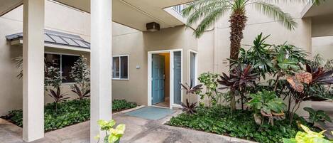 A covered outdoor area with a palm tree, various plants, and a door leading to a building.