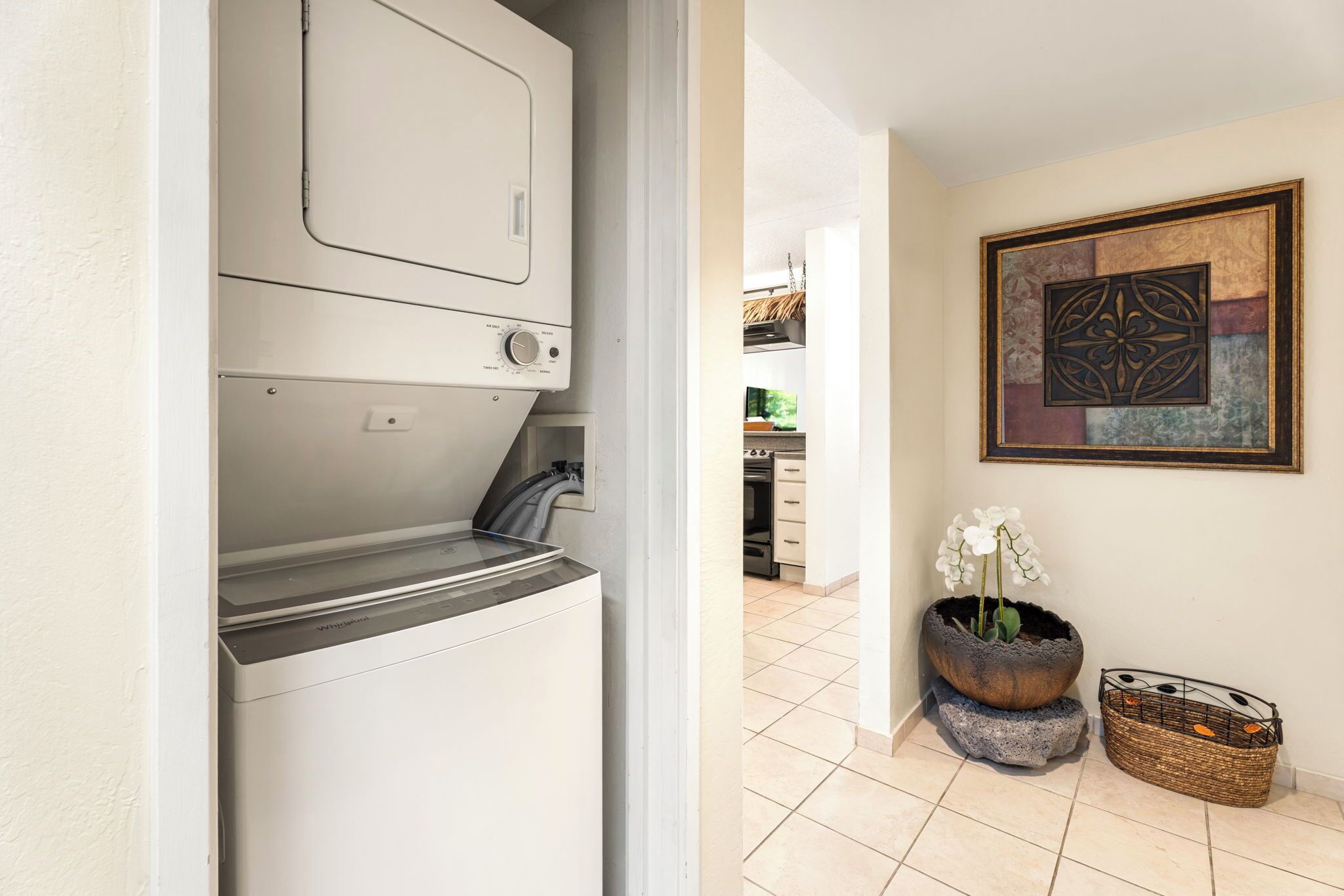 A laundry room with a washing machine and dryer, a potted orchid, and a framed artwork on the wall.