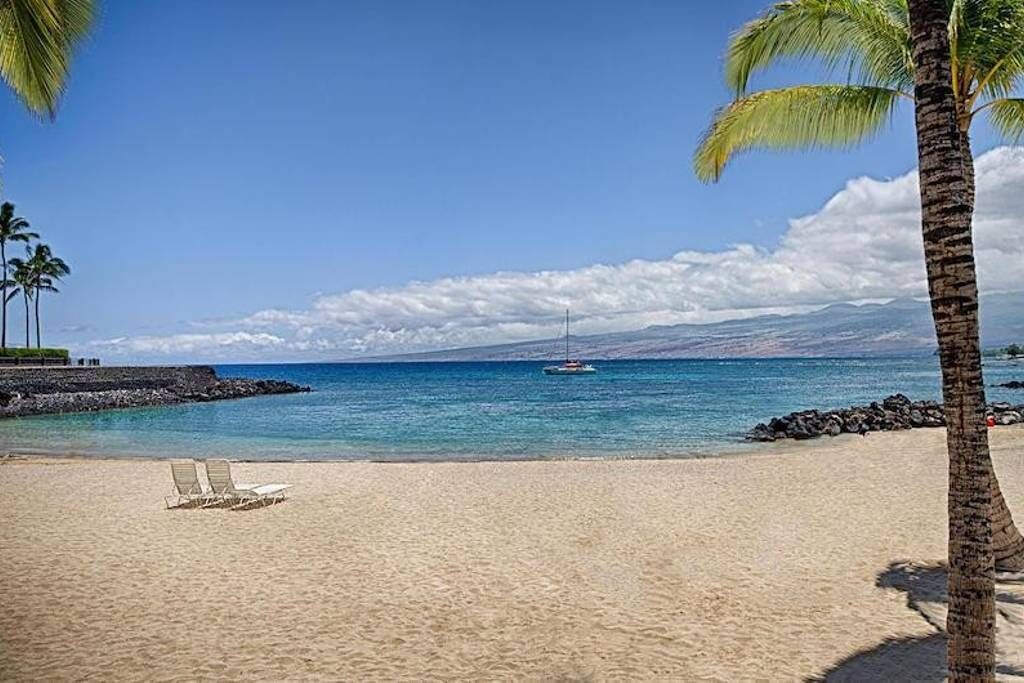 A beach with clear blue water, a boat in the distance, and a few palm trees.