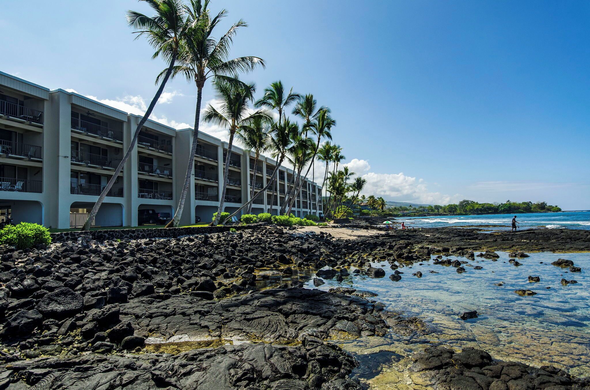 A hotel with multiple floors, a rocky shoreline, and palm trees.