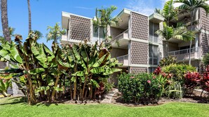 A modern hotel with a two-story structure, balconies, and a well-maintained garden with tropical plants. - Alii Villas 107 - Ground Floor Oasis - Vrkcv (Kailua-Kona)