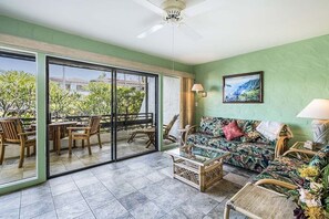 Condo, 1 King Bed with Sofa bed, Lanai, Partial Ocean View (Casa de Emdeko 216) | Living area | 42-inch flat-screen TV with digital channels