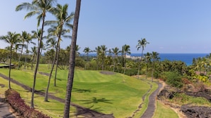 Un parcours de golf bordé de palmiers, avec vue sur l’océan.