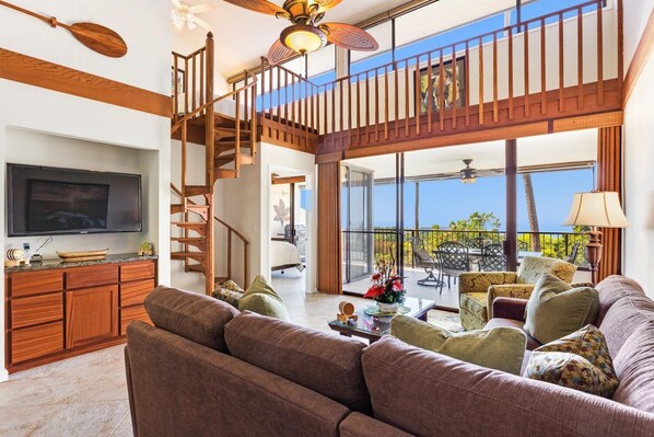 Condo, Multiple Beds, Lanai, Ocean View (Country Club Villas 302) | Living area | 42-inch flat-screen TV with digital channels - Great Ocean and Golf Course Views - No Stairs- Vrkcv (Kailua-Kona)