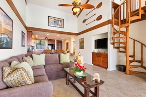 Condo, Multiple Beds, Lanai, Ocean View (Country Club Villas 302) | Living area | 42-inch flat-screen TV with digital channels - Great Ocean and Golf Course Views - No Stairs- Vrkcv (Kailua-Kona)