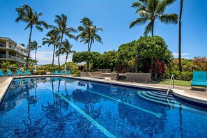 Ein Swimmingpool mit klarem, blauem Wasser, umgeben von Palmen und Liegestühlen.