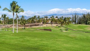 Un campo de golf con palmeras, un club de campo y vistas a montañas.