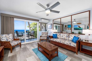 Condo, 1 Queen Bed with Sofa bed, Lanai, Ocean View (Kona Isle D23) | Living area | 42-inch flat-screen TV with digital channels