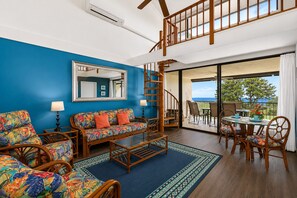 Condo, Multiple Beds, Lanai, Ocean View (Country Club Villas 305) | Living area | 42-inch flat-screen TV with digital channels - Top Floor With Loft - Ocean and Golf Course Views - AC - Vrkcv (Kailua-Kona)