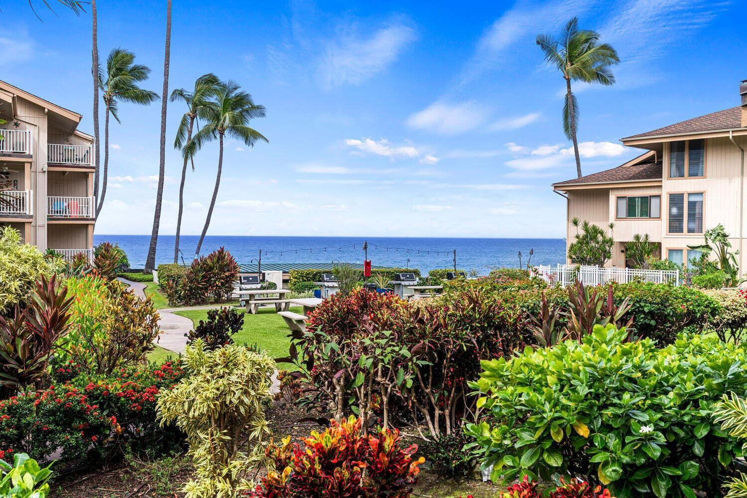 Un resort con vista al océano, palmeras y un jardín bien cuidado.