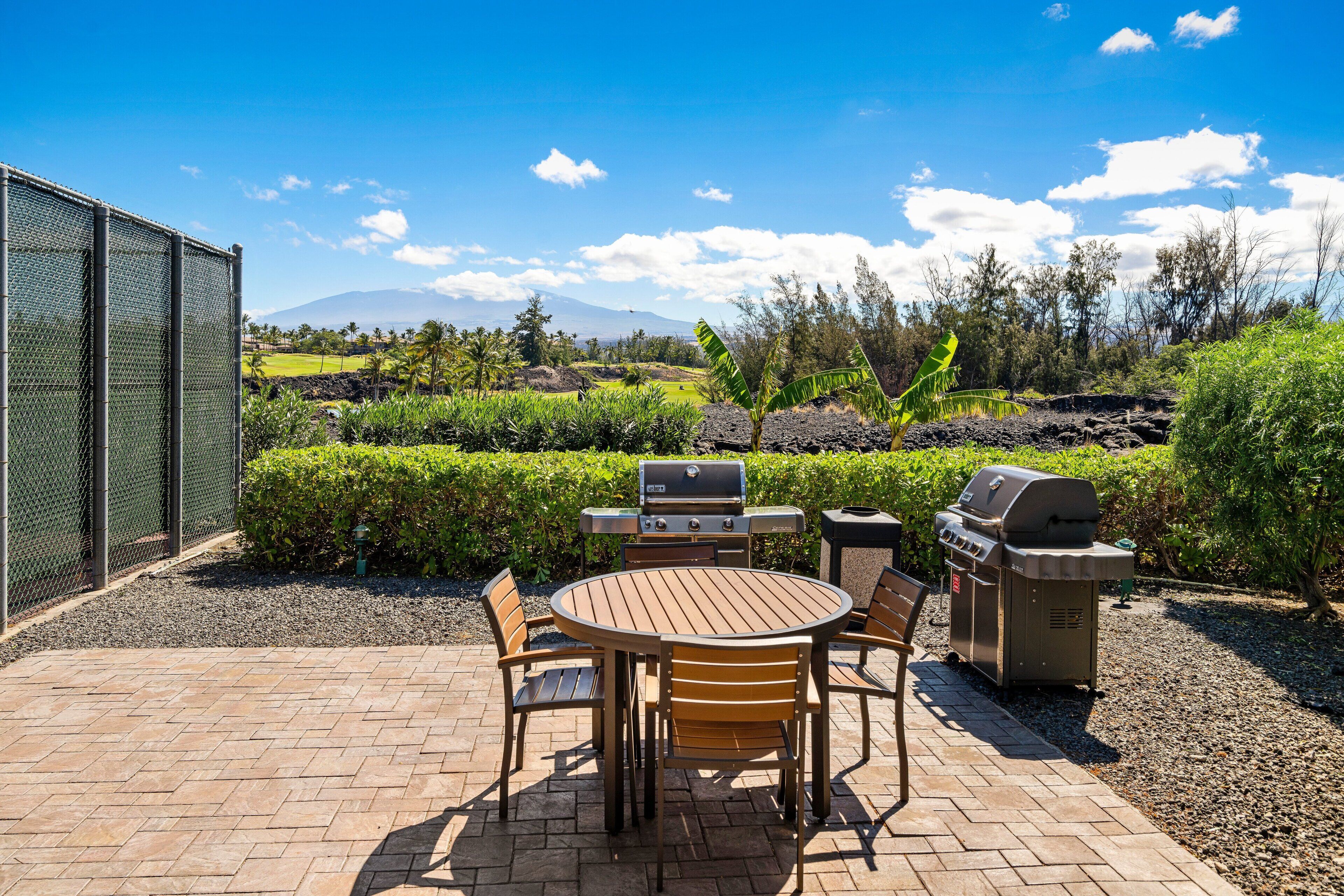 An outdoor patio with a grill, table, and chairs, surrounded by a landscaped garden and a view of a mountain.