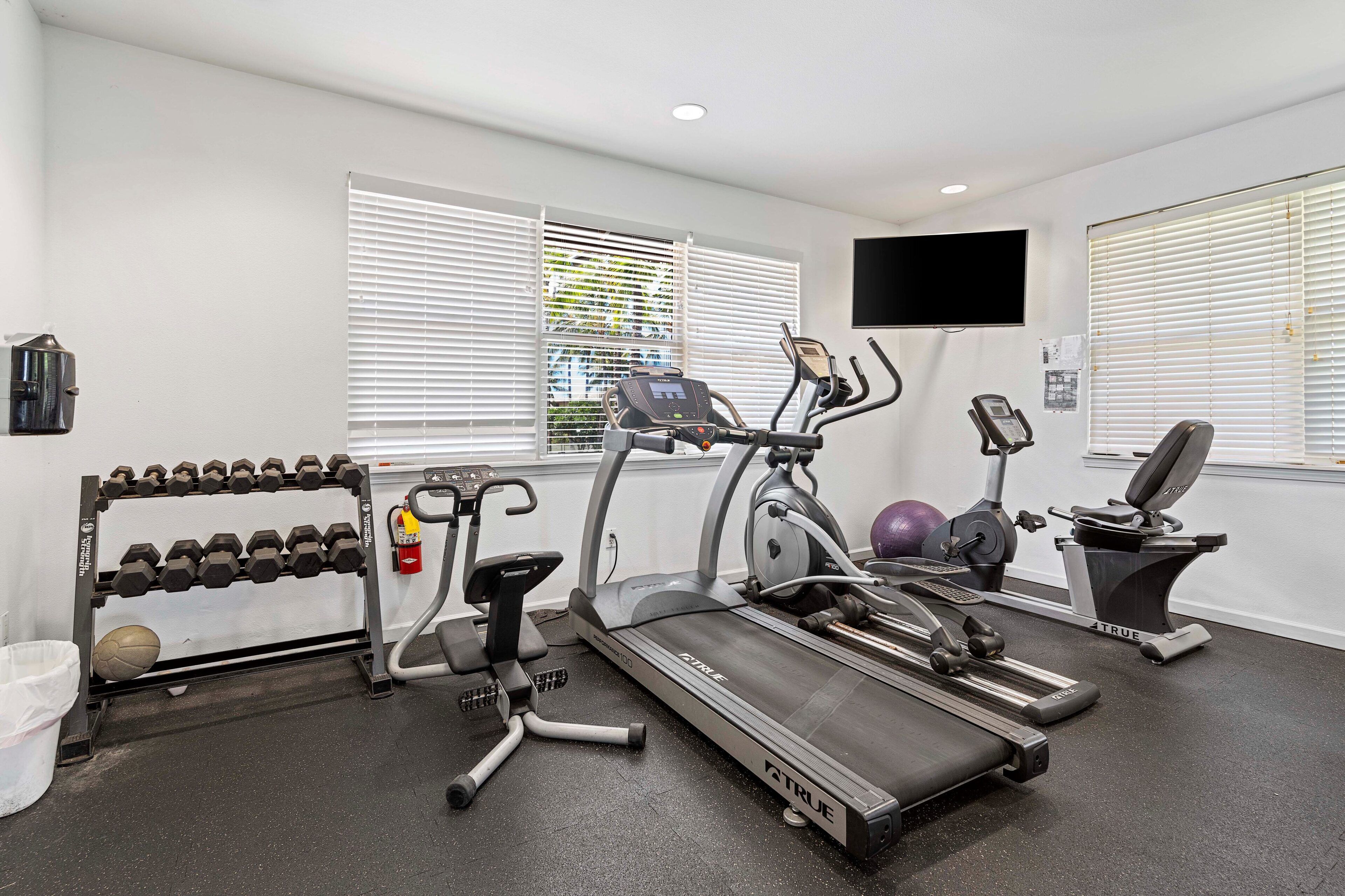 Un gimnasio con cintas de correr, mancuernas y equipo de ejercicio.