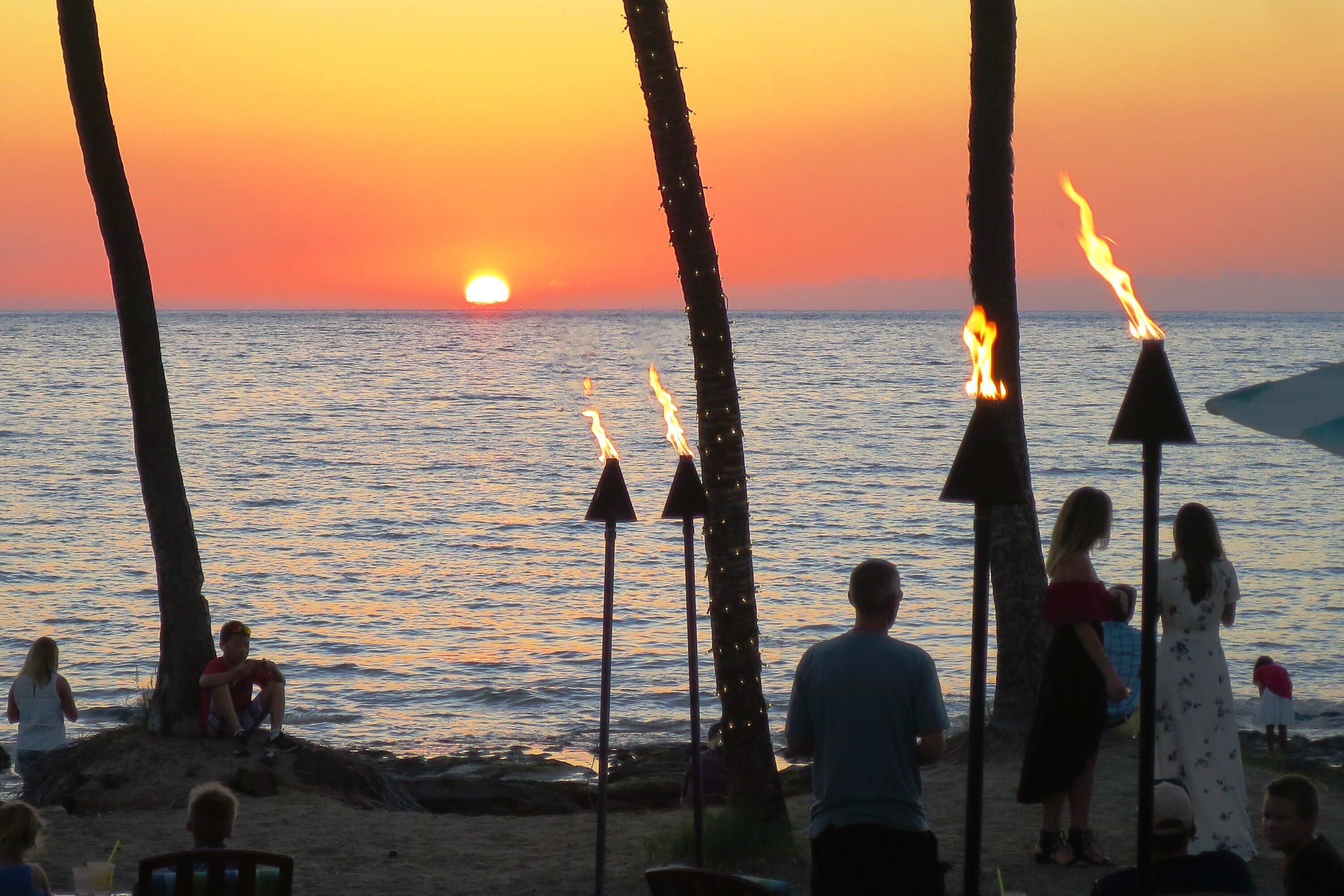A beach scene with palm trees and torches, people sitting and standing by the water, and a sunset in the background.