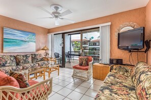 Condo, 1 King Bed, Lanai, Partial Ocean View (Casa de Emdeko 232) | Living area | 42-inch flat-screen TV with digital channels