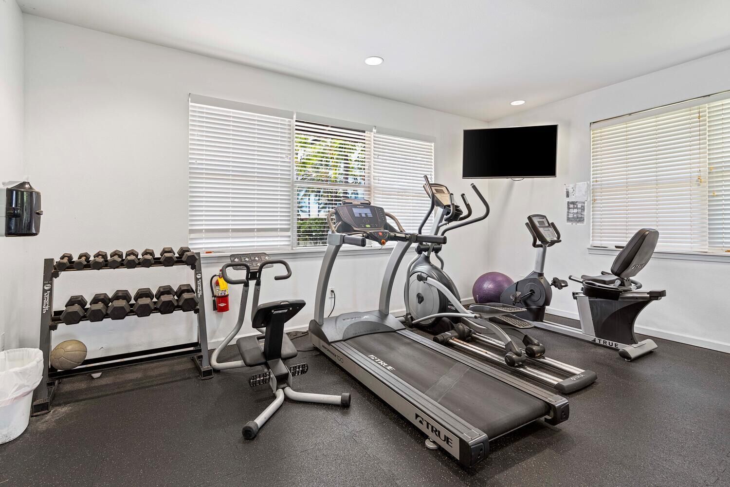 A gym with treadmills, elliptical machines, and a weight rack.