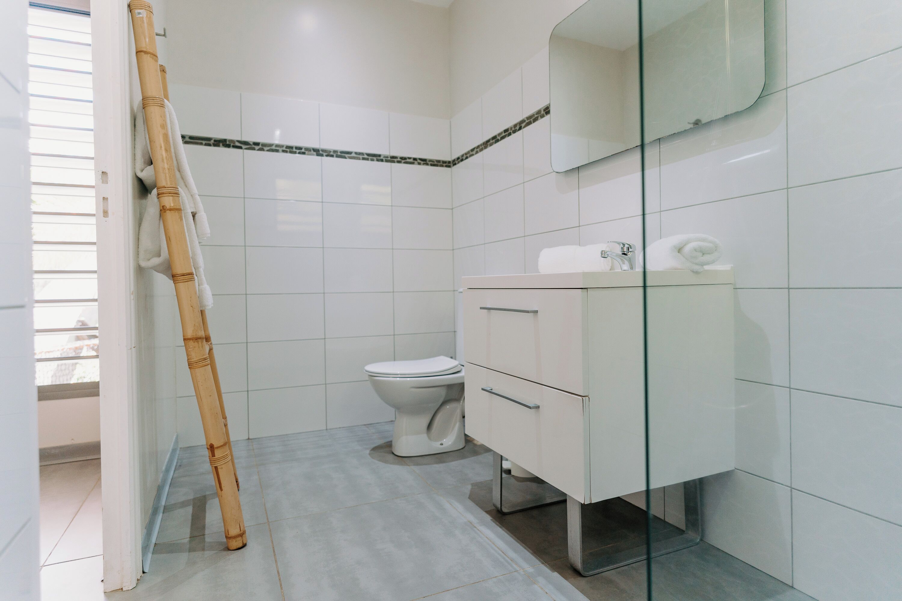 A bathroom with a toilet, a glass shower enclosure, and a vanity with a mirror.