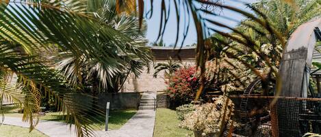 A paved pathway leading to a building with a stone wall and a water feature.