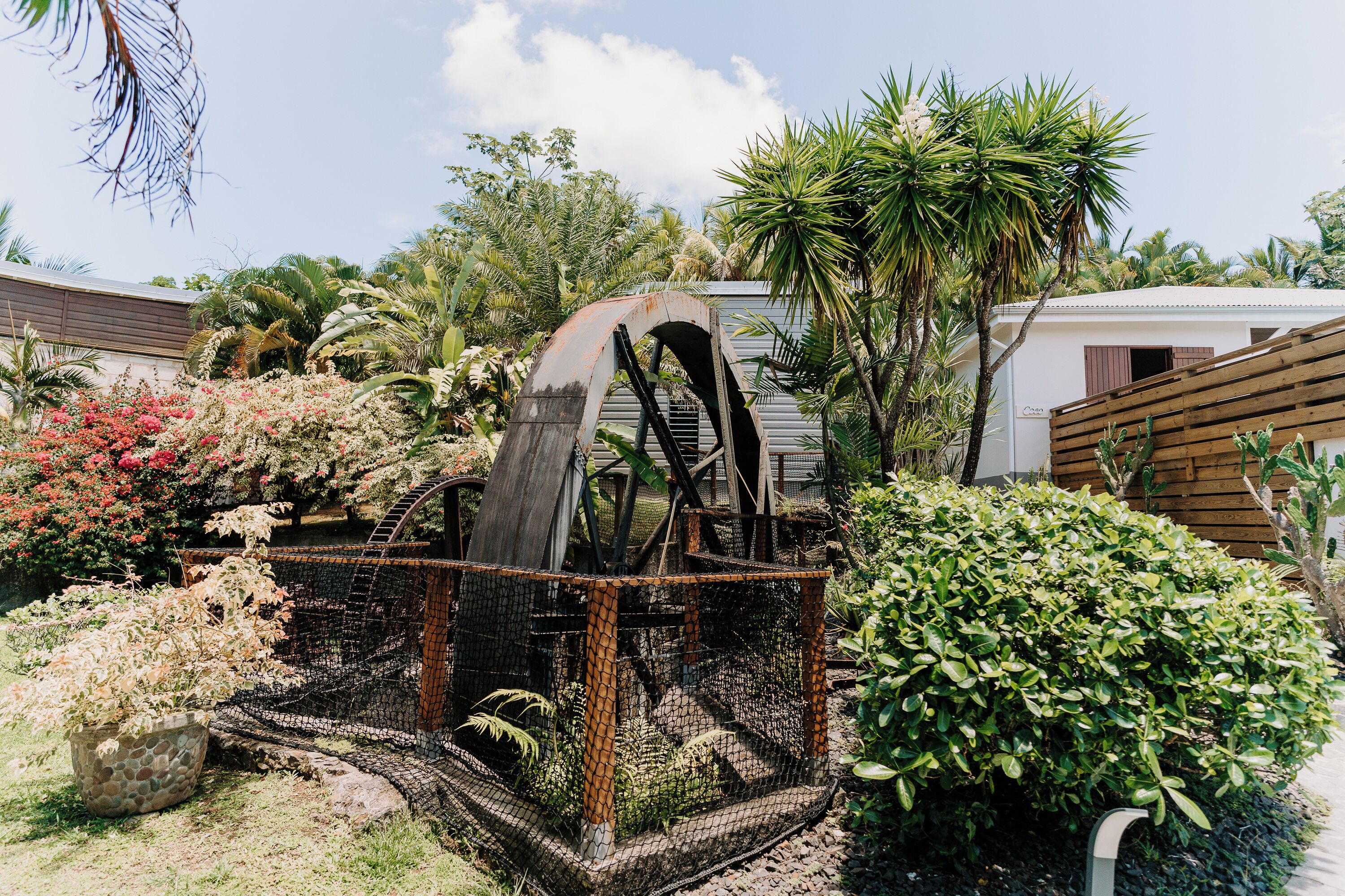Un jardin agrémenté d’un escalier en colimaçon métallique, entouré de différentes plantes et d’une clôture en bois.