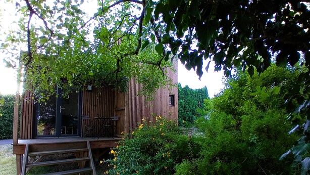 Una cabana de fusta amb terrassa, envoltada de vegetació abundant.