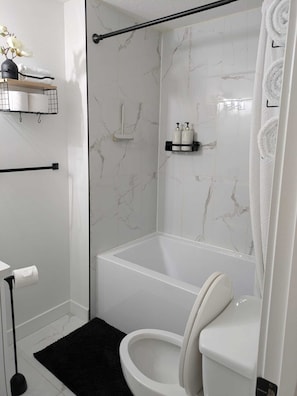 Hair dryer, towels, soap, toilet paper