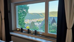 A window with a view of a town and hills. - Little Rhine View Château - Harry: Apartment at the largest Rhine bend/loop (Boppard)