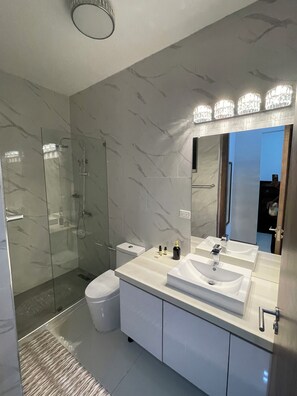 Shower, hair dryer, towels, soap