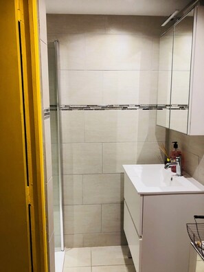Une salle de bain avec une douche, un lavabo et un miroir.