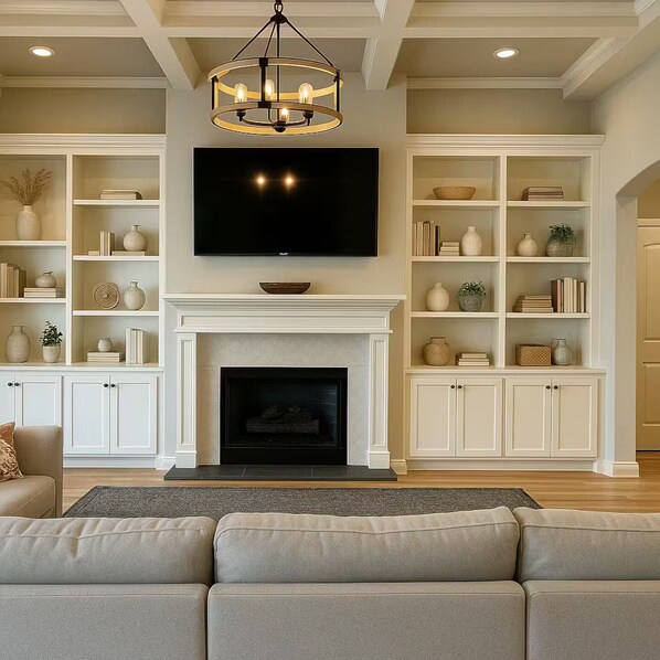 Smart TV, fireplace, books