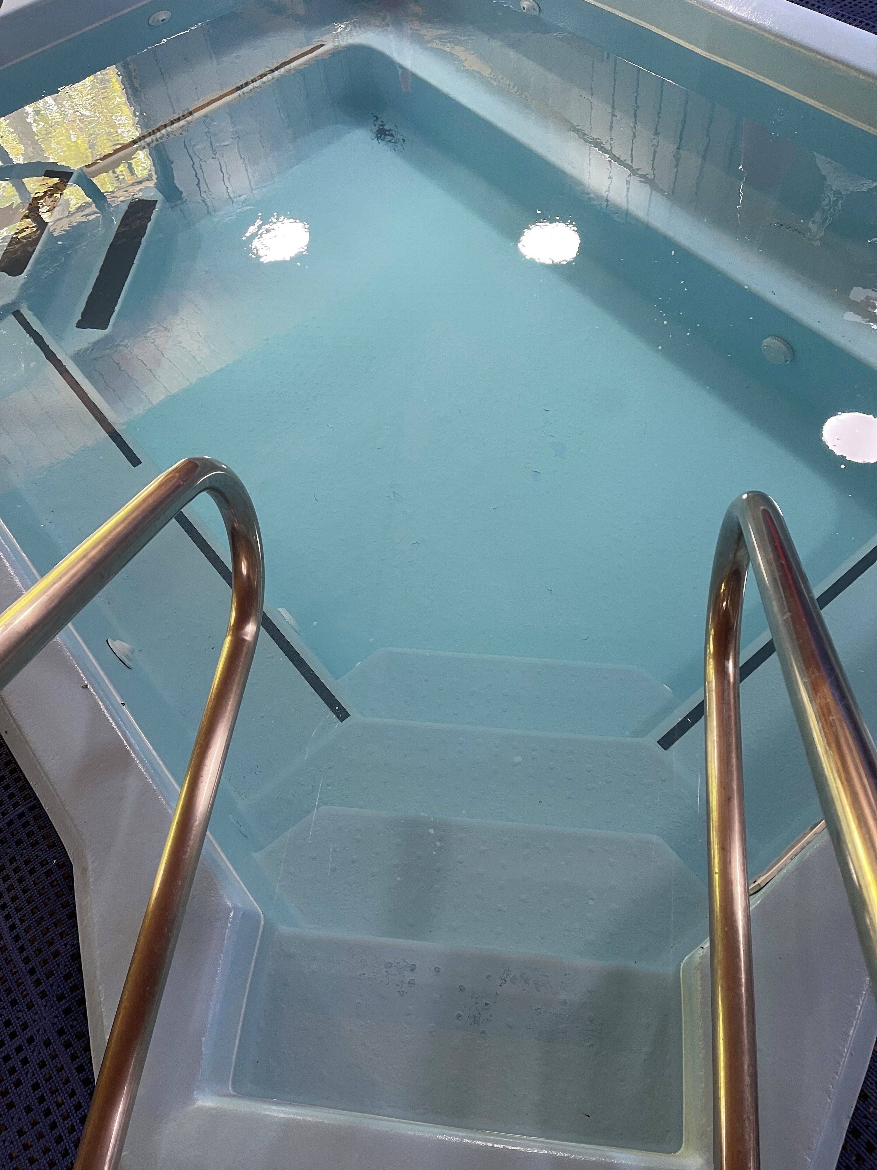 Un bain à remous doté de parois en verre transparent et de rampes métalliques.