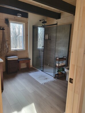 Shower, jetted bath, hair dryer, towels