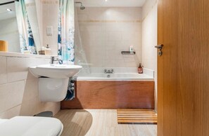 Hair dryer, towels, soap, toilet paper