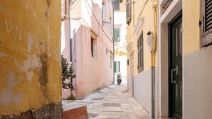 Une ruelle étroite, pavée de pierres, se trouve entre deux bâtiments, et un chat est allongé sur le sol.