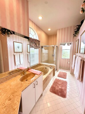 Hair dryer, bidet, towels, soap