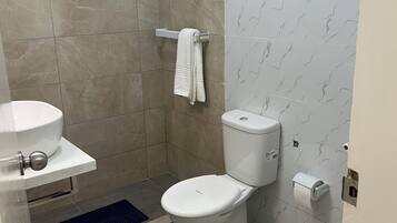 Secador de cabelo, toalhas de banho, sabonete, papel higiênico