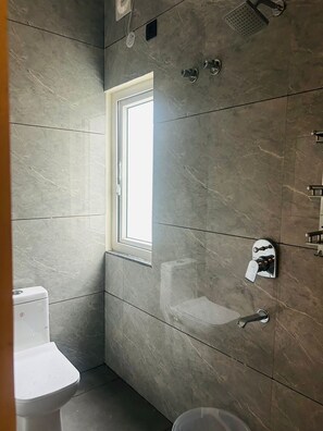 Hair dryer, towels, soap, toilet paper