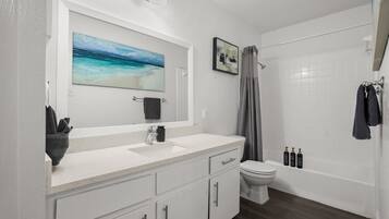 Hair dryer, towels, soap, toilet paper