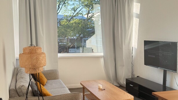 A modern living room with a sofa, a wooden coffee table, a TV, and a large window with curtains.