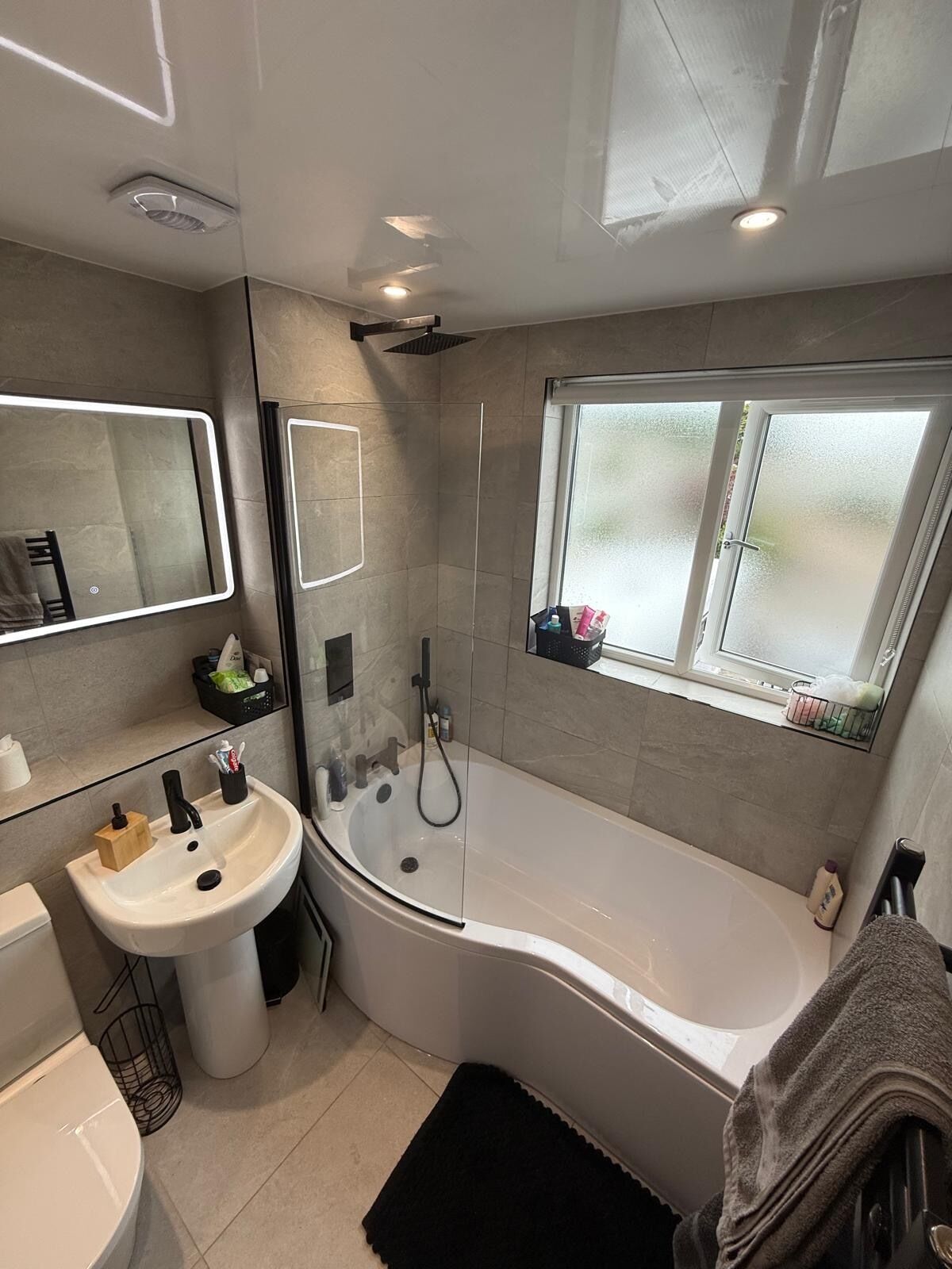 Shower, towels, soap, shampoo